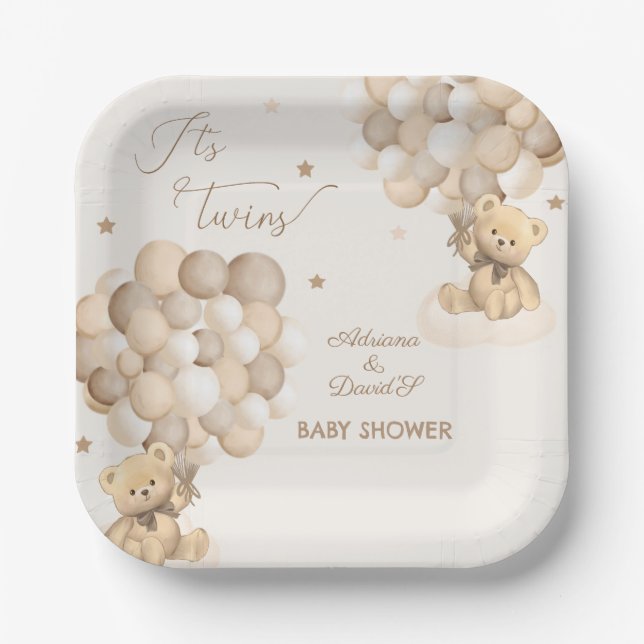 Bear Twins Gender Neutral Brown Beige Baby Shower Paper Plates (Front)