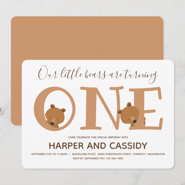 Bear Twins One Cute Animal First Birthday Invitation (Front/Back)