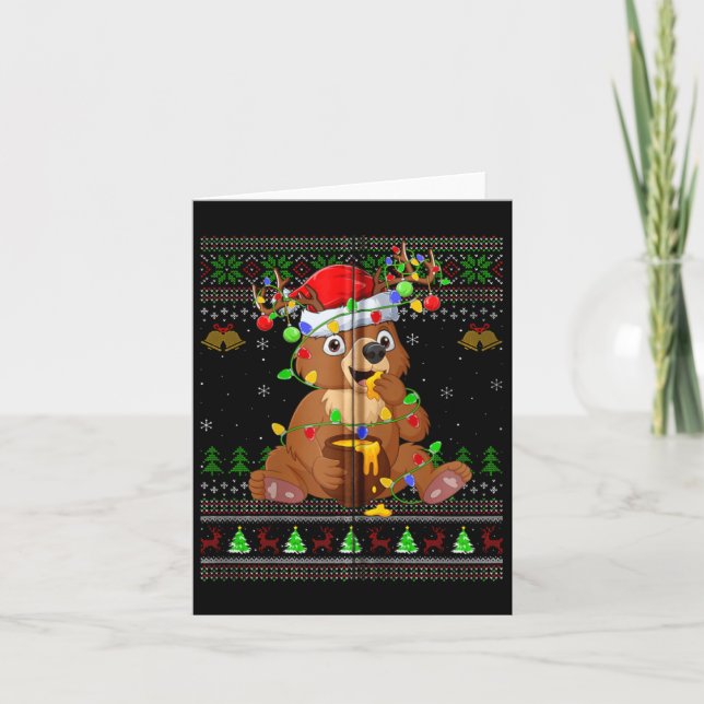 Bear Ugly Sweater Xmas Lights Santa Hat Bear Chris Card (Front)