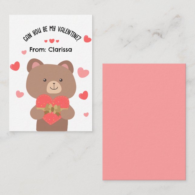 Bear Valentines Day Card Kids with Hearts (Front/Back)