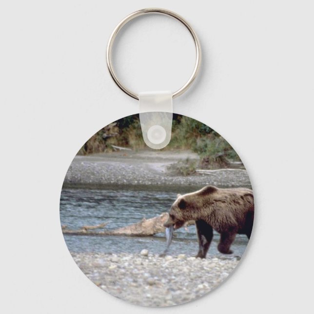 Bear W/ Fish In Mouth By Stream Keychain (Front)