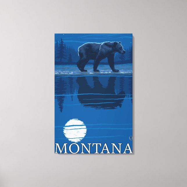 Bear Walking in Moonlight Vintage Travel Canvas Print (Front)