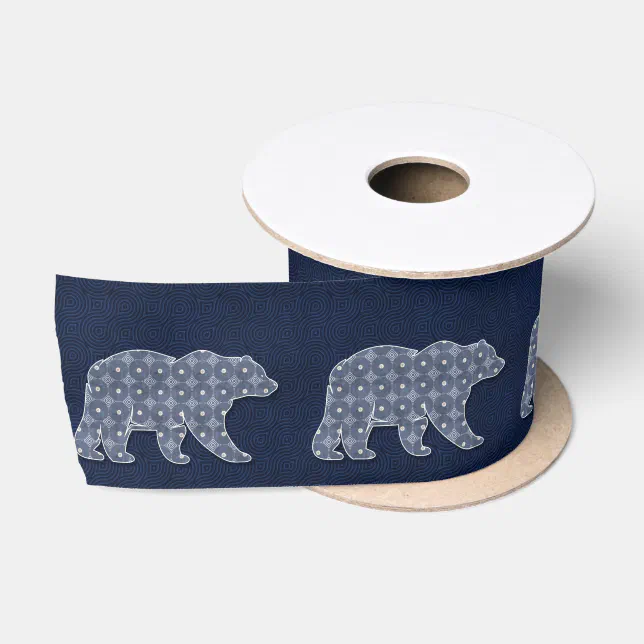 Bear Walking Navy Blue Circle Pattern Wildlife Satin Ribbon | Zazzle