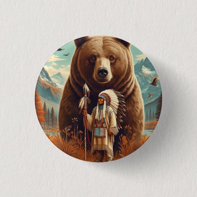 Bear warrior protector.  button (Front)