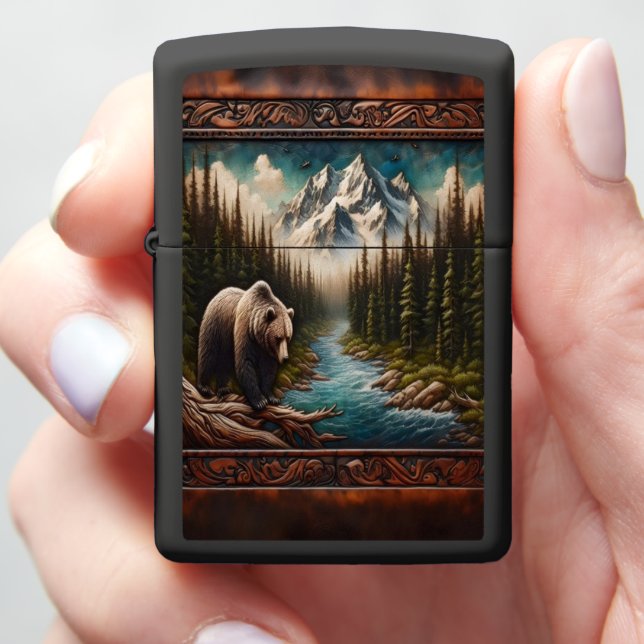 Bear Watching Salmon in Mountain Stream Zippo Lighter (In Hand)