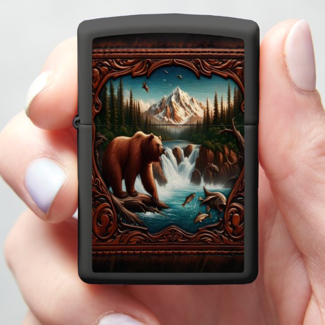 Bear Watching Salmon in Mountain Stream Zippo Lighter (In Hand)