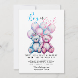 Bear Watercolor Gender Reveal Party Boy or Girl Invitation