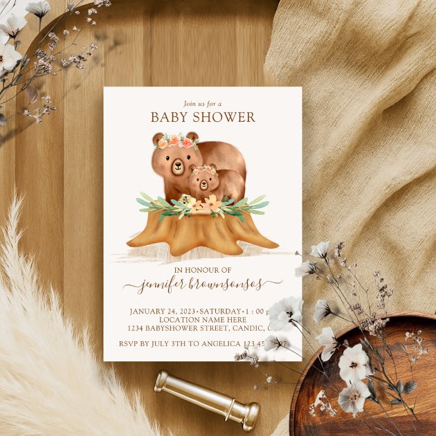 Bear Watercolor Mommy Baby Shower Invitation