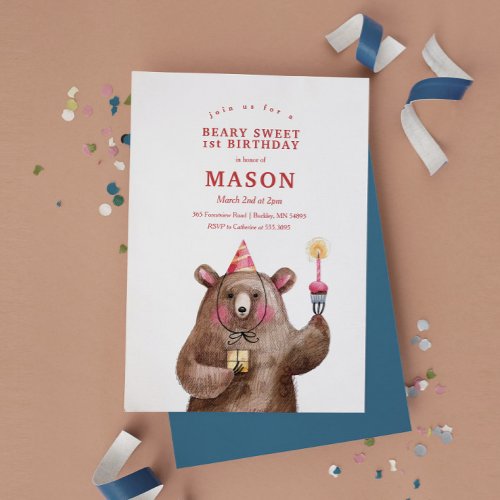 Bear Watercolor Red Plaid Birthday Invitation