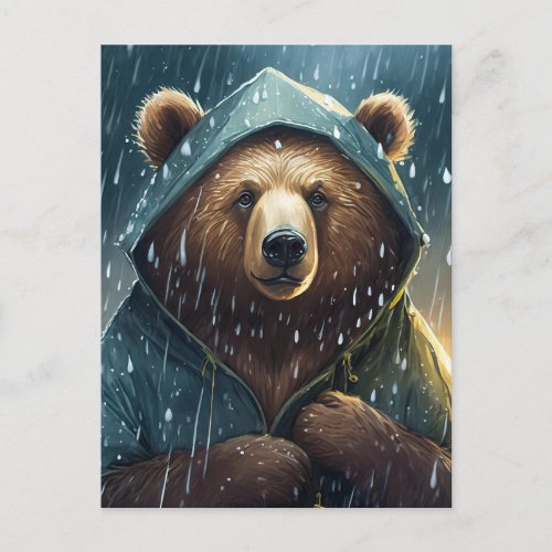 Bear wearing a raincoat during a rain shower postcard