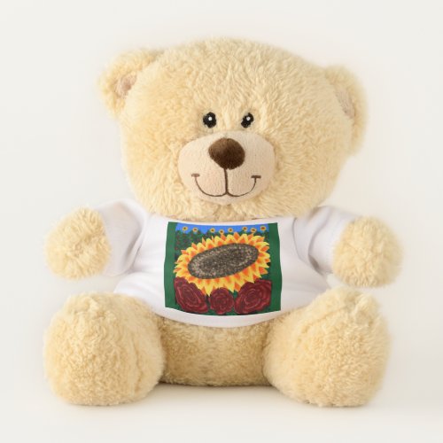 Bear wearing a t_shirt with a sunflower and roses