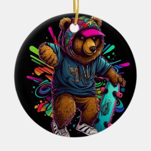 bear_wearing_hoodie_holding_skateboard ceramic ornament