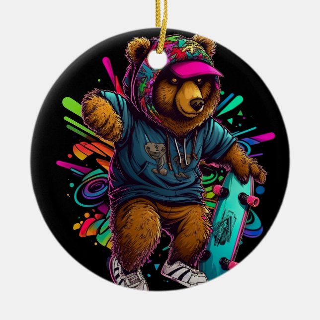 bear-wearing-hoodie-holding-skateboard ceramic ornament (Front)