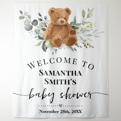 Bear Welcome Baby Shower Eucalyptus Greenery Tapestry