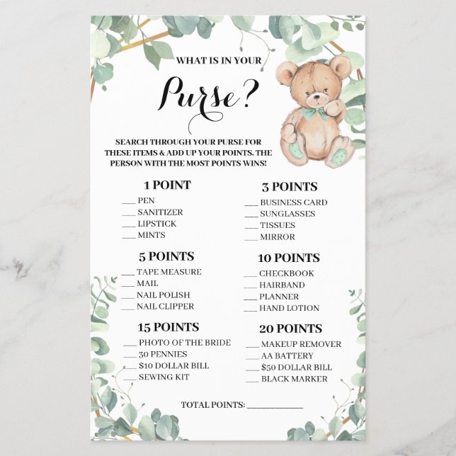 Bear What is in your Purse Baby Shower Game Card Flyer (Front)