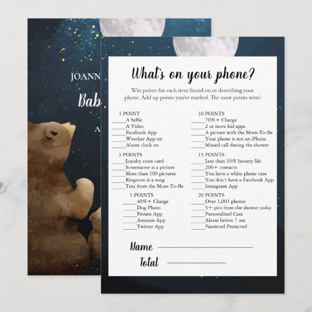 Bear What's On Your Phone Baby Shower Game Invitation (Front/Back)