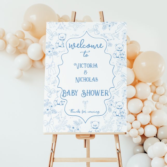 Bear White Blue Baby Shower Toile Welcome Sign (Creator Uploaded)