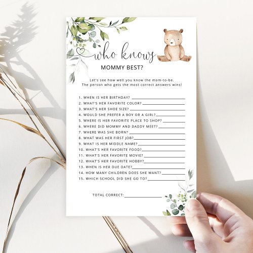 Bear Who knows mommy best baby shower game