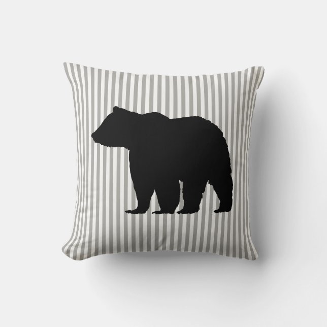 Bear Wilderness Gray and White Stripe Throw Pillow (Front)