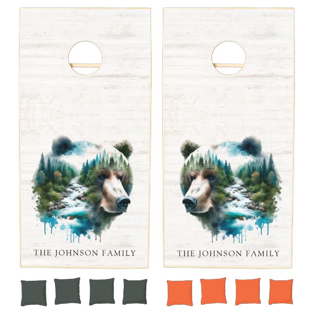  Bear Wilderness Trees Stream Family Name Cornhole Set (Set)