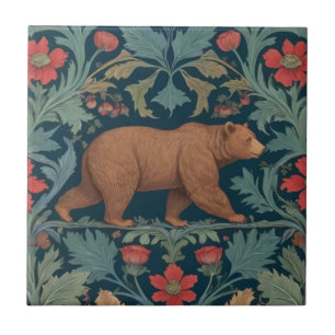 Bear William Morris style Right Facing Red Floral Ceramic Tile