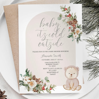 Bear Winter Berries Snowflakes Trees Baby Shower Invitation by HappyPartyStudio at Zazzle