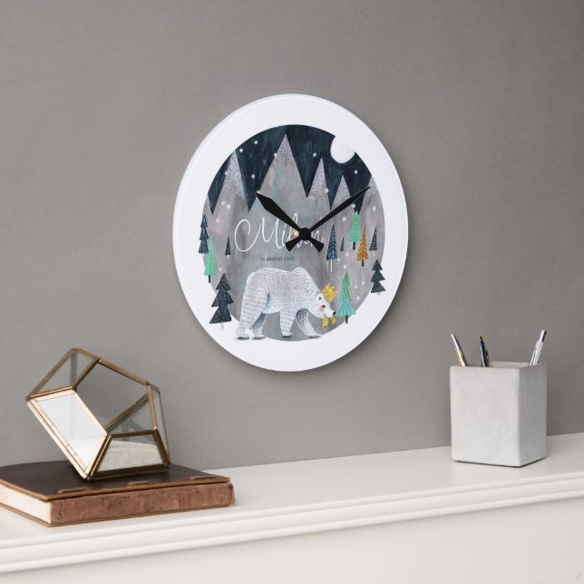 Bear winter mountains moon large clock (Office)