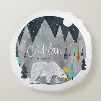 Bear Winter Mountains Moon  Poster Round Pillow by CartitaDesign at Zazzle