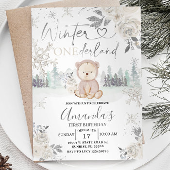 Bear Winter Onederland Snowflake Floral Birthday Invitation by HappyPartyStudio at Zazzle