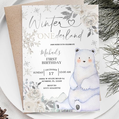 Bear Winter Onederland White Floral Birthday Invitation
