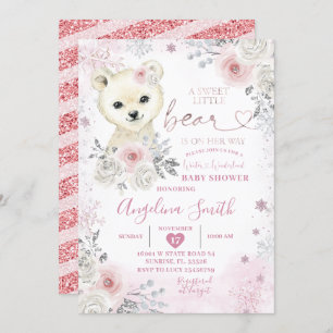 Bear Winter Pastel Pink Snowflake Baby Shower Invitation