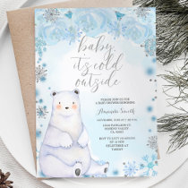 Bear Winter Silver Snowflakes Flowers Baby Shower Invitation