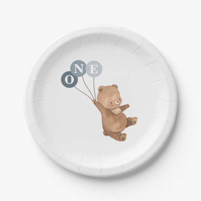 Bear with 3 Blue Balloons 1st Birthday Paper Plates (Front)