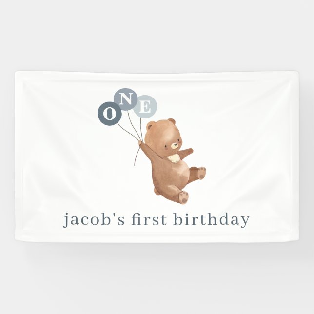 Bear with 3 Blue Balloons Banner (Horizontal)