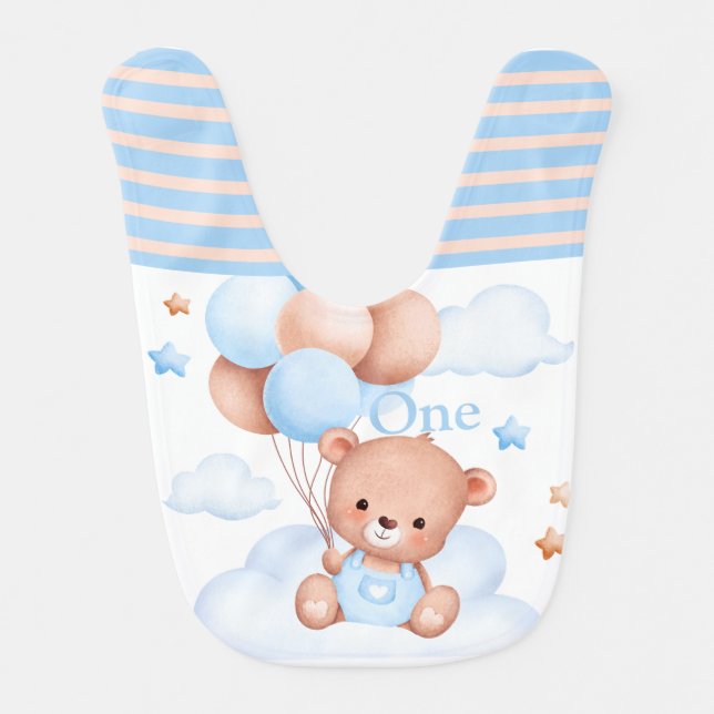 Bear with 3 Blue Balloons  boy Baby Bib (Front)