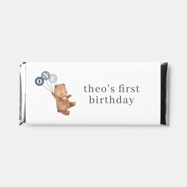 Bear with 3 Blue Balloons Hershey Bar Favors (Front)