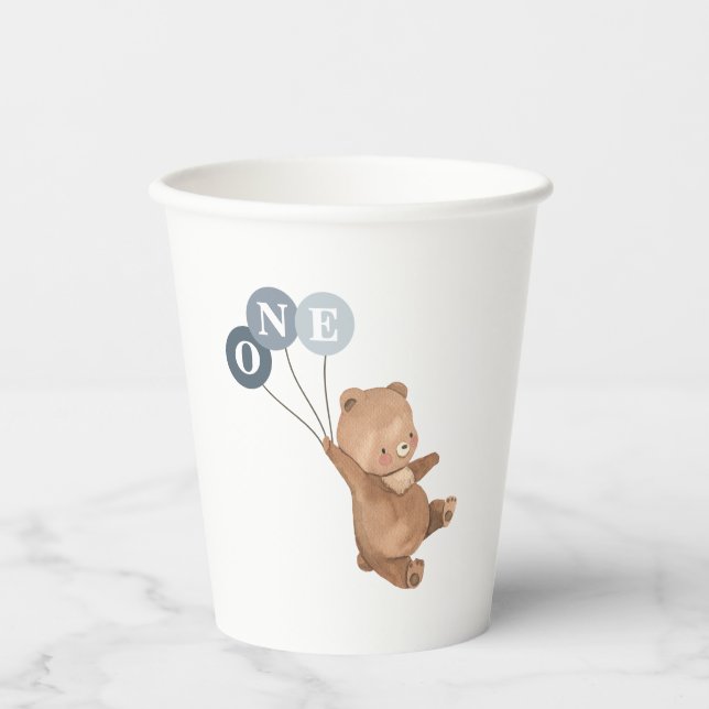 Bear with 3 Blue Balloons Paper Cups (Front)