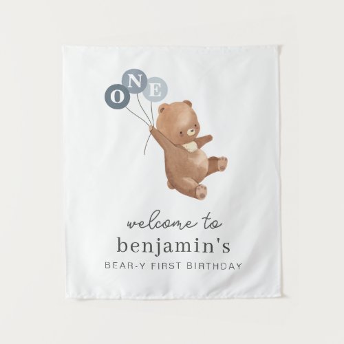 Bear with 3 Blue Balloons Welcome Sign