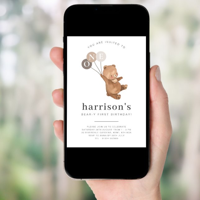 Bear with 3 Brown Balloons 1st Arch Birthday Invitation (Front Digital)