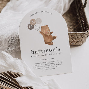 Bear with 3 Brown Balloons 1st Arch Birthday Invitation