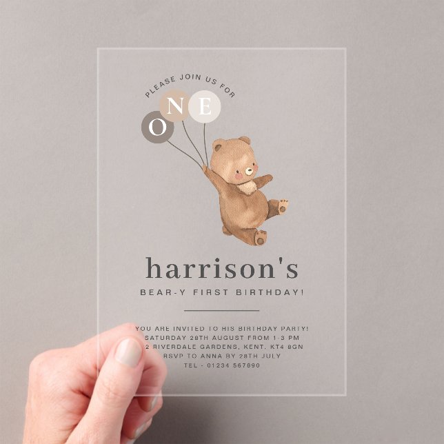 Bear with 3 Brown Balloons 1st Birthday Acrylic Invitations (Insitu (Handheld))