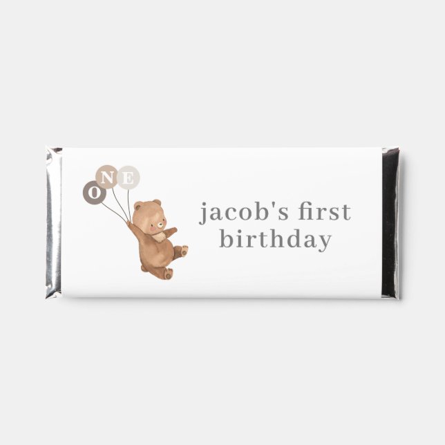Bear with 3 Brown Balloons - 1st Birthday Hershey Bar Favors (Front)
