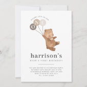 Bear with 3 Brown Balloons 1st Birthday Invitation (Front)