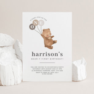 Bear with 3 Brown Balloons 1st Birthday Invitation