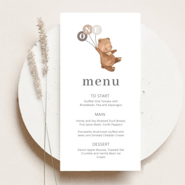 Bear with 3 Brown Balloons - 1st Birthday - Menu (Creator Uploaded)