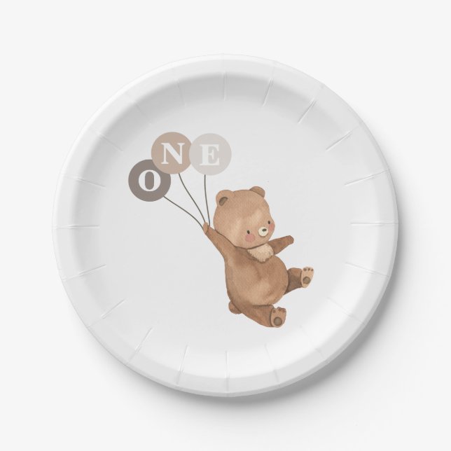 Bear with 3 Brown Balloons - 1st Birthday Paper Plates (Front)