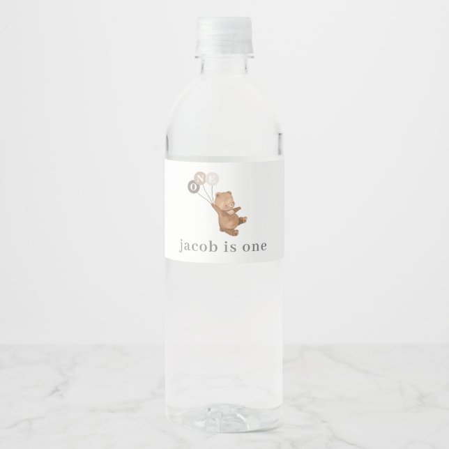 Bear with 3 Brown Balloons - 1st Birthday Water Bottle Label (Front)