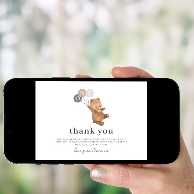 Bear with 3 Brown Balloons - Thank You Card (Front Digital)