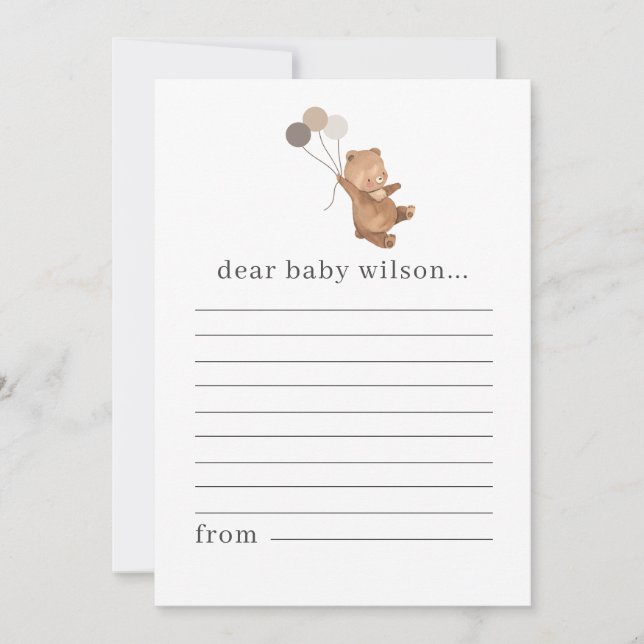 Bear with 3 Brown Balloons Time Capsule Note Card (Front)