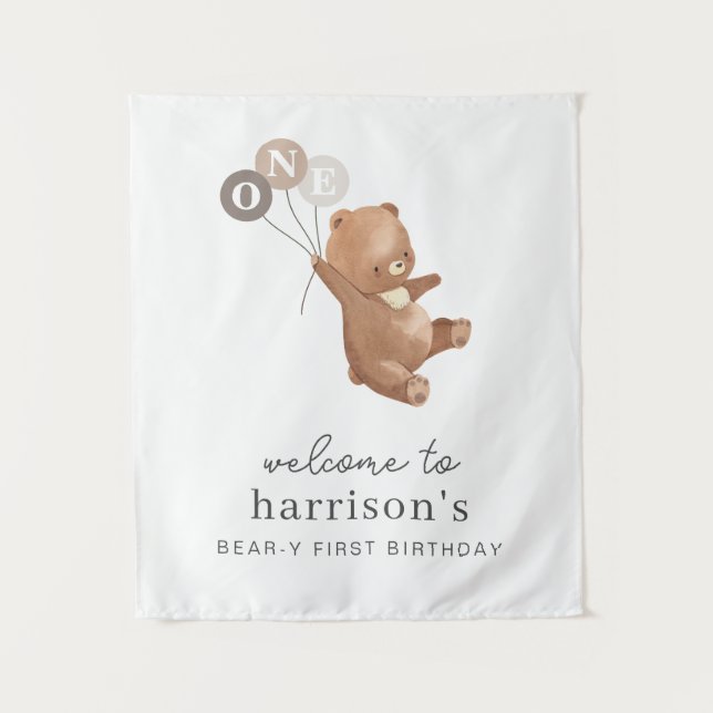 Bear with 3 Brown Balloons Welcome Sign Tapestry (Front)